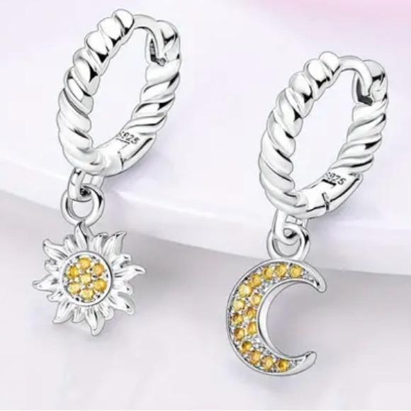 STERLING SILVER SUN & MOON EARRINGS, s925 - Picture 2 of 4